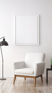 Blank picture frame mockup on white wall. White living room design. View of modern style interior with chair and lamp. minimalism, concept	
