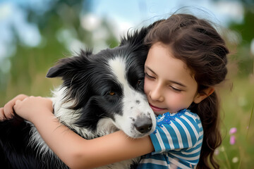 A young girl envelops herself in a tender embrace with her loyal Border Collie dog, embodying a profound bond of companionship and love, genuine connection and unwavering affection
