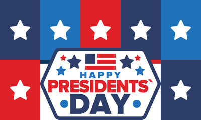 Happy Presidents day in United States. Washington's Birthday. Federal holiday in America. Celebrated in February. Patriotic american elements. Poster, banner and background. Vector illustration