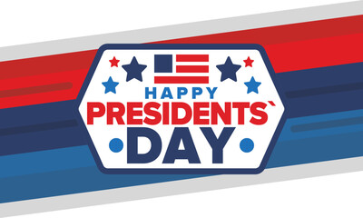 Happy Presidents day in United States. Washington's Birthday. Federal holiday in America. Celebrated in February. Patriotic american elements. Poster, banner and background. Vector illustration