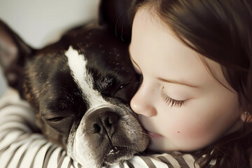 A young girl embraces her Boston Terrier dog, finding solace and warmth in the tender bond they share, embodying a profound connection filled with companionship and genuine love