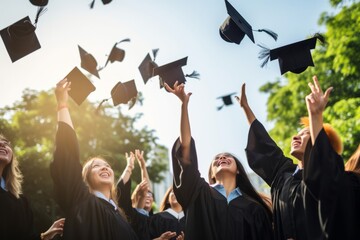 Group of cheerful student throwing graduation hats in the air celebrating, education concept with students celebrate success with hats - obrazy, fototapety, plakaty
