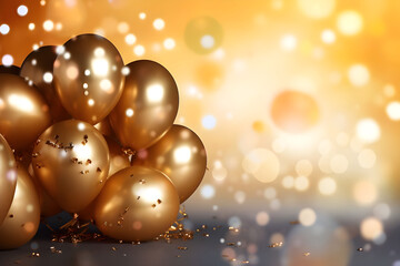 Fototapeta na wymiar Holiday background with golden balloons and bokeh lights - Ai Generated