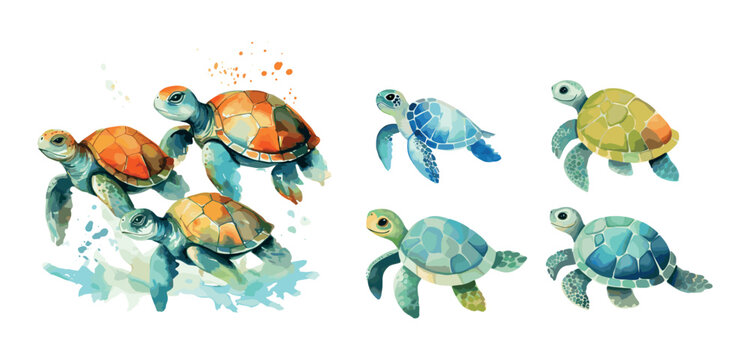 Isolated turtles watercolor style. Turtle different colors, decorative animals clipart for printable or design. Vector wild nature characters set