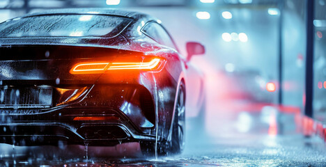 Luxurious black sports car on a wet city street at night, illuminated by vibrant city lights and...