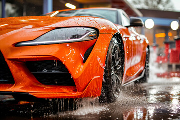 Bright orange sports car getting a thorough rinse at a car wash, with water droplets and reflective...