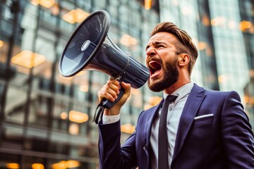 Energetic businessman in a suit shouting through a megaphone on a city street with skyscrapers background.