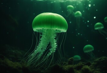 Obraz premium Awesome green glow-in-the-dark jellyfish lighting up the ocean.