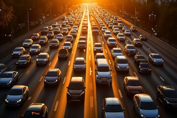 A busy highway filled with cars during rush hour at sunset, capturing the hustle of city transportation.
