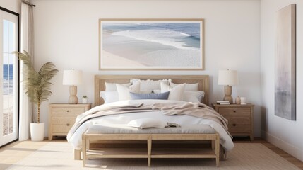 Fototapeta na wymiar natural coastal interior bedroom beautiful example of modern coastal style including a soft natural color palette, natural elements cane bed blue and white patterned rug and white nights house design