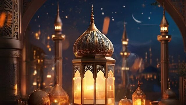 Ramadan theme decoration background with lanterns in the shape of a mosque. Elegant shiny lamp light ornament and animated smoke.