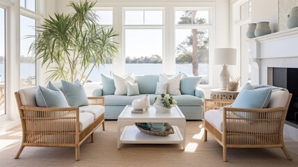beautiful small space casual living family room soft neutral wood beams  and a gorgeous grouping of swivel color fabric chairs around a striking coffee table coastal design nature freshness home