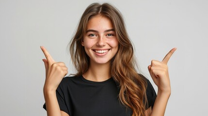 Portrait of an American woman in black t shirt indicating two different side against a clean white backdrop with copy space, Generative AI.