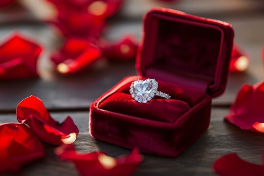Luxurious velvet box holding a sparkling heart-shaped diamond gem ring, with soft rose petals scattered around. Banner