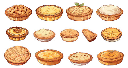 Traditional rustic apple pies. Isolated cartoon pie, tasty baking. Fresh bakery food, cafe or restaurant breakfast. Homemade cooking vector elements