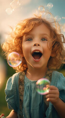 child rejoices with soap bubbles, screams with pleasure, mouth wide open, close-up