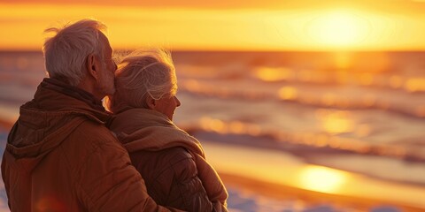 A joyful elderly couple walking on the beach enjoying a leisurely sunset - obrazy, fototapety, plakaty