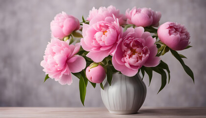 bouquet of pink peonies in vase. Still life indoors