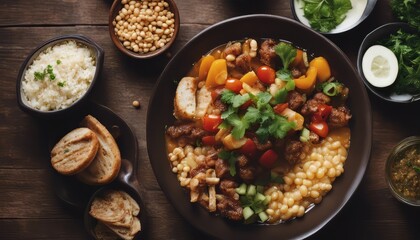Overhead view of food served in bowl on table