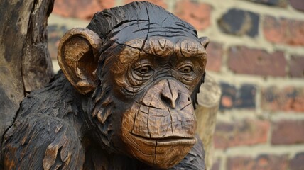 A chimpanzee sculpture carved from wood. Wooden art object of an monkey with many age cracks in the wood
