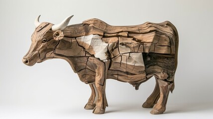 A bull sculpture carved from wood. Wooden art object of an animal with many age cracks in the wood - obrazy, fototapety, plakaty