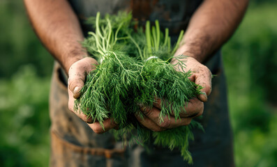Naklejka na ściany i meble A man holds freshly picked bunches of dill in his hands against the background of agricultural plantations. Agriculture and farming