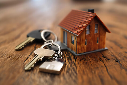 a small toy house and apartment keys lie on the table, the concept of buying a house
