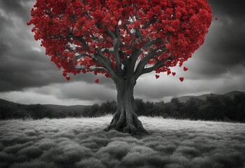 A solitary tree with a vibrant red canopy, standing in striking contrast to the muted tones of its surroundings.