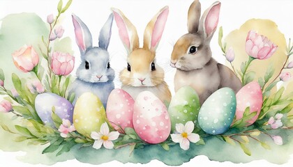Happy Easter watercolor card, set of cute Easter bunnies, eggs, spring flowers