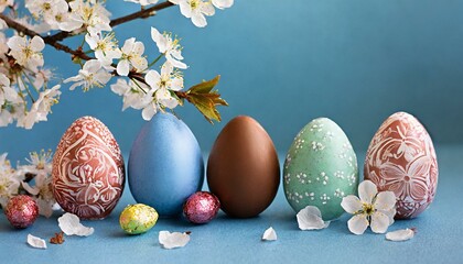 Easter eggs, feathers in a nest on a woodland blue background. 