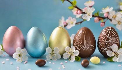 Colorful Easter chocolate eggs with flat cherry blossoms are set on a blue background.