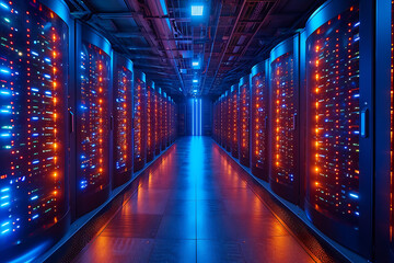 Many powerful servers running in the data center server room. Disk storage array. Modern technical hosting site