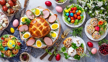 Traditional Easter dishes with decorations of the day.  - obrazy, fototapety, plakaty