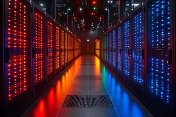 Many powerful servers running in the data center server room. Disk storage array. Modern technical hosting site