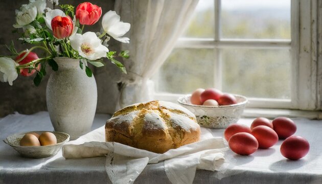 Traditional Easter bread, red eggs on a table 