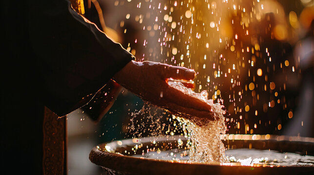 A close-up of a clergy member blessing a congregation with holy water during Palm Sunday, the droplets catching the sunlight as they fall onto the gathered worshipers. The moment c