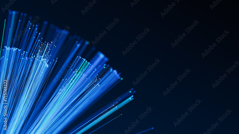Poster illuminated fiber optic cables. glowing internet data streams. digital transmission. 3d render illus