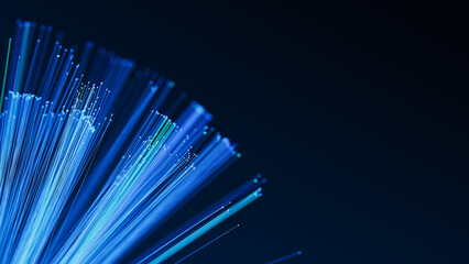 Illuminated fiber optic cables. Glowing internet data streams. Digital transmission. 3d render illustration