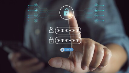 User authentication system with username and password, cybersecurity concept, information security and encryption, secure Internet access, technology and cybernetics. computer security system.