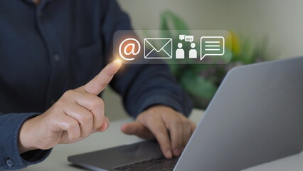 Customer support hotline Contact us people connection. Businessman using Smart Phone with the email, call phone, address, Chat message icons.