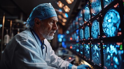 
A Detailed Scene of a Neurosurgeon in an Operating Room, Using Sophisticated Surgical Tools and Monitors Displaying Brain Scans