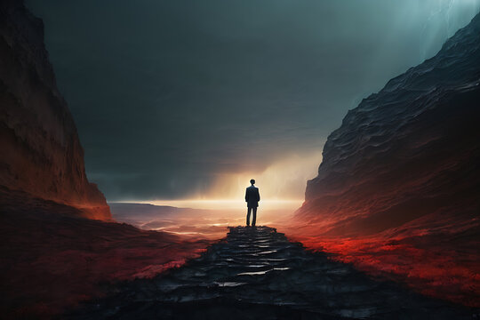 Man Standing in Middle of Dark Tunnel, Alone, Mystery, Adventure, Explore, Journey, Underground, Shadow, Passage, Dim. Generative AI.