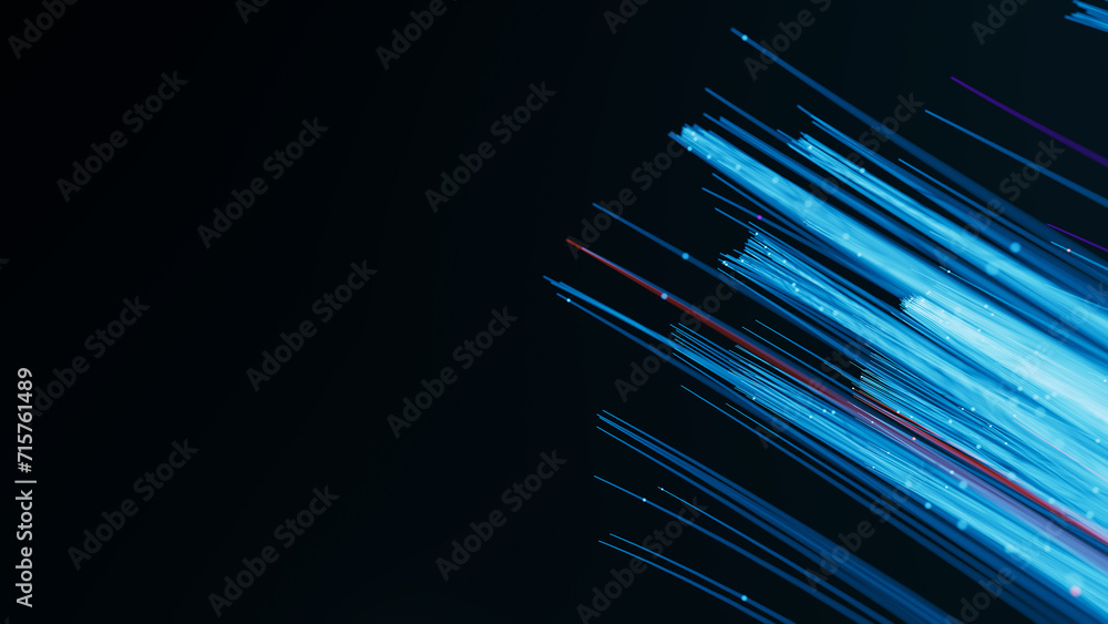 Poster illuminated straight fiber optic cables with moving data. glowing internet data streams. digital tra