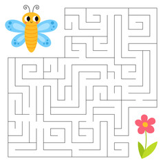 Insects maze game for kids. Cute butterfly looking for a way to the flower. Printable worksheet with solution for school and preschool.