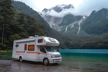 motorhome parked in a parking lot near a blue lake with a mountain 