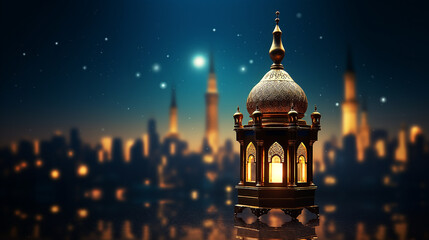 Fototapeta na wymiar mystic golden latern on blue area with moon and mosque silhouette, ramadan - eid mubarak , muslim, islam,