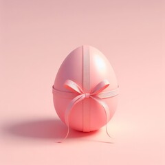 Pastel pink Easter egg wrapped in gift ribbon with bow isolated on a pastel pink background. Easter holiday concept in minimalism style. Fashion monochromatic composition. Сopy space for design.