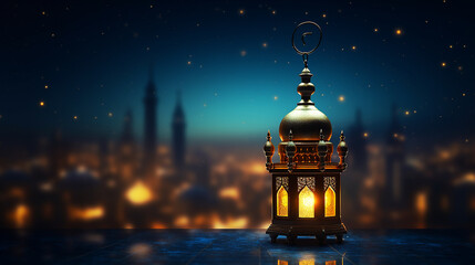 mystic golden latern on blue area with moon and mosque silhouette, ramadan - eid mubarak , muslim, islam,
