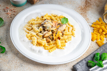 fusilli pasta mussels seafood tasty fresh eating cooking appetizer meal food snack on the table copy space food background rustic top view