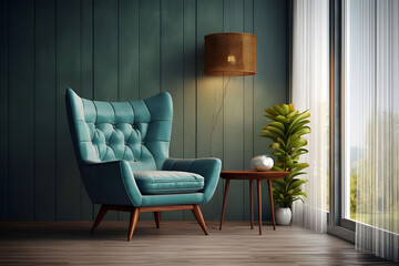 Interior of modern living room with armchair, bookshelf and plant - Ai Generated